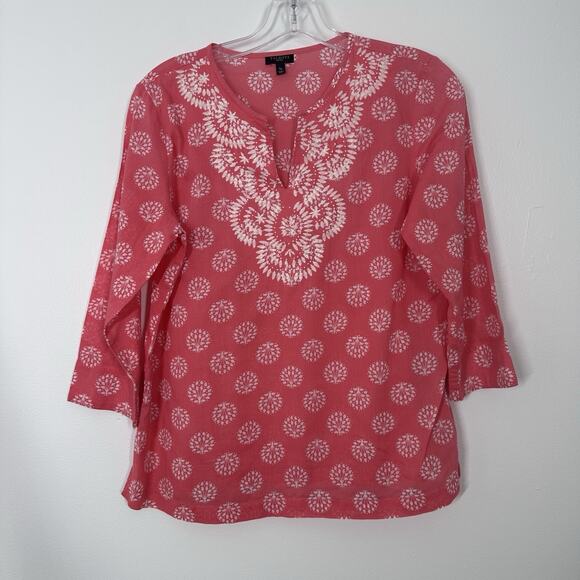 Talbots Womens SP Pink 3/4 Sleeve Cotton Printed Lightweight Semi Sheer Blouse - Picture 1 of 5